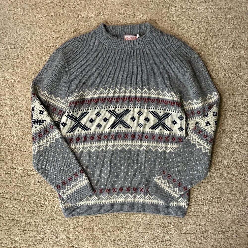 Vintage 70s Joshua  Men L Fair Isle Nordic Knit Sweater Fisherman Lighthouse
